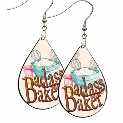 Badass Baker Gift Earrings Teardrop NO TARNISH Wood Love to Bake Jewelry Gifts