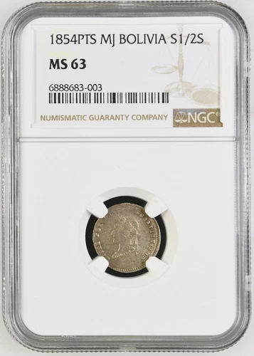 BOLIVIA Potosí Silver 1/2 Sol 1854 MJ NGC MS 63 KM-118.1