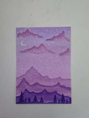 ACEO Original Watercolor Cloudy Purple Sky Over Purple Mountains Painting