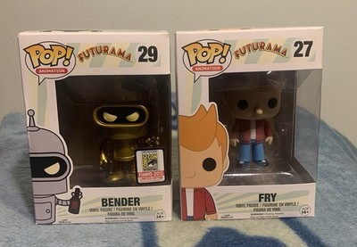 Funko Pop 29 Futurama Bender Gold SDCC 2015 Con Exclusive + Fry 27 w/ cases