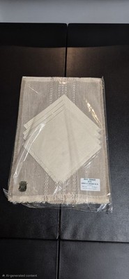  Vintage Reed Hand Fringed Placemats Napkins Set MCM Linen Rayon Neutral NOS 8pc