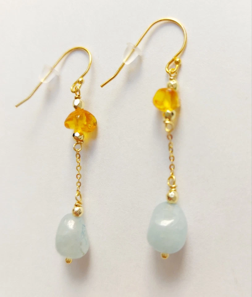 Orecchini pendenti in argento 925 laminato oro con ambra acquamarina ed ematite  - Immagine 3 di 4