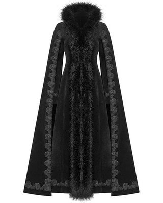 Punk Rave Damen langer Gothic Mantel Jacke Umhang schwarz Kunstfell viktorianisch LARP GOT