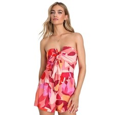 Lulus Iconic Season Pink Multi Print Strapless Tie-Front Romper XL
