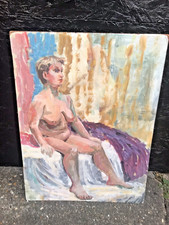 Vintage 50er Jahre sitzender Akt gewagte Dame Ölgemälde Tafel ungerahmt Mid Century