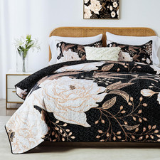 King Size Quilt Set,White Gold Floral Botanical Pattern Black Bedding Set,3 Piec