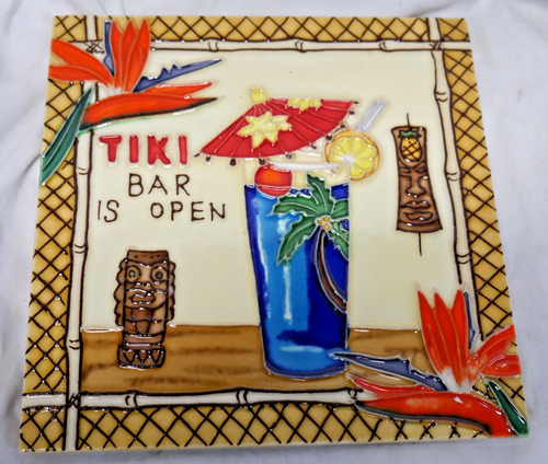 New En-Vogue 8 x8 inch Ceramic Art Tile- "Tiki Bar is Open" - Picture 1 of 3