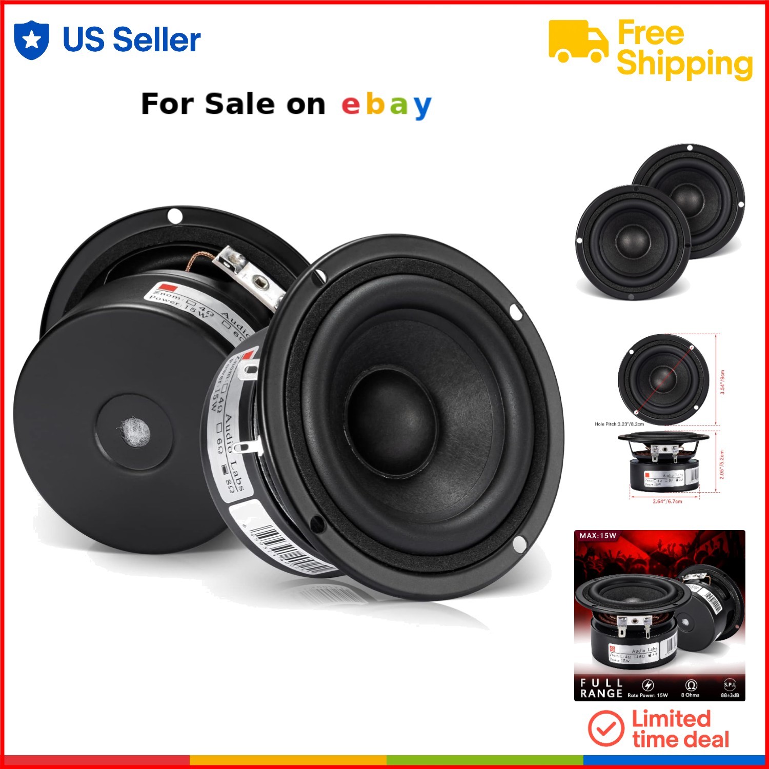 Full Range Bookshelf Speakers 3 Inch 8 Ohm Wooden Enclosure Stereo Home