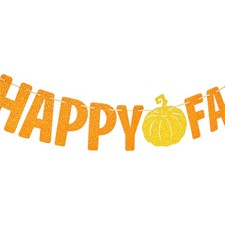 Happy Fall Pumpkin Glitter Banner, Autumn Harvest Thanksgiving Orange, Gold