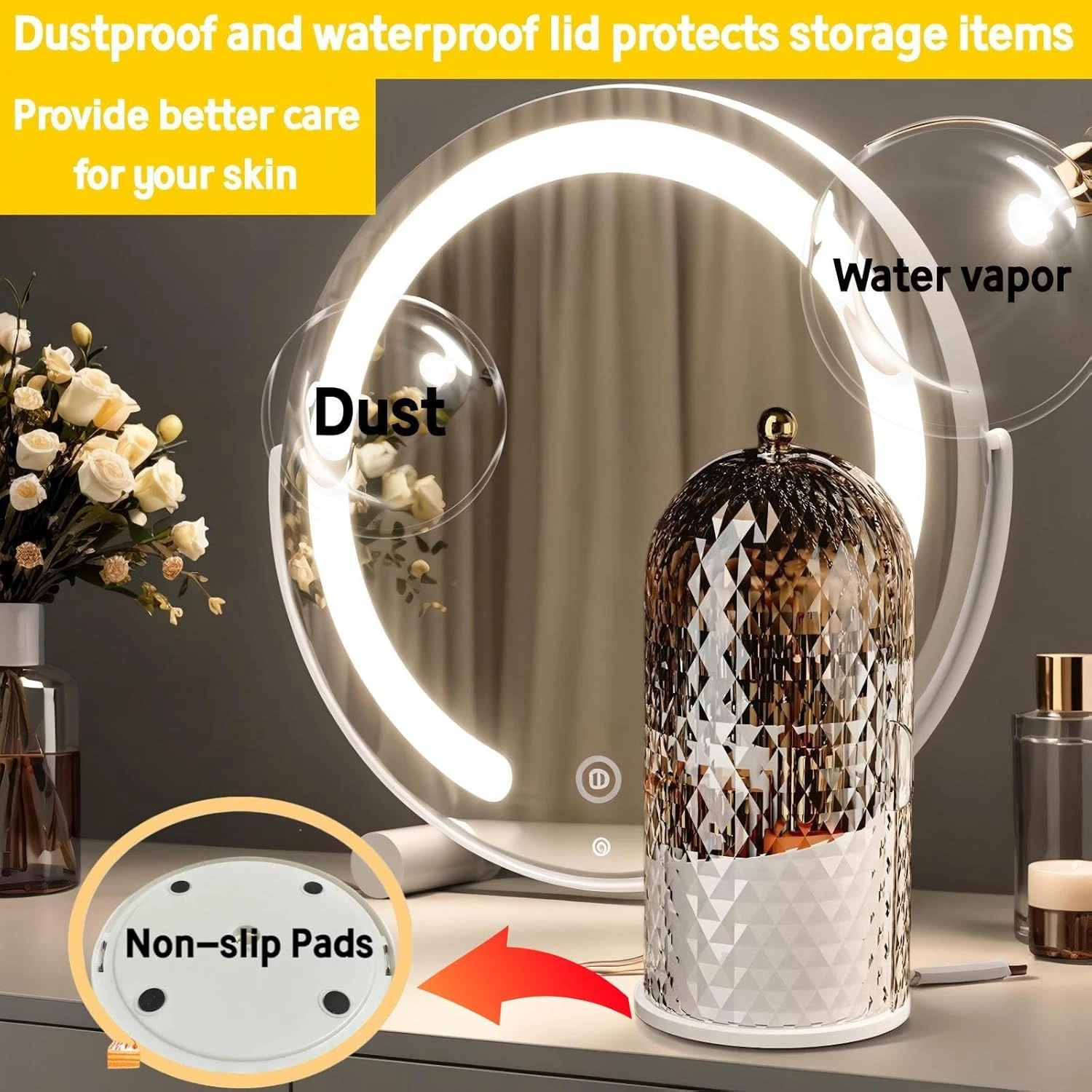 Makeup Brush Holder Lid Storage Box Diamond Pattern 360 Rotating Waterproof