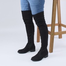 WOMENS LADIES FLAT LOW HEEL SMART PLAIN ZIP THIGH HIGH OVER THE KNEE BOOTS SIZE