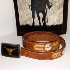 Vtg Leather USA Cowboy Concho Belt Sz 36 Westrn Handcrafted Braided Steer Buckle