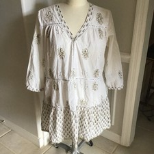 Lola Australia Boho Floral Printed Mini Dress White Brown Sequins SZ S Cotton