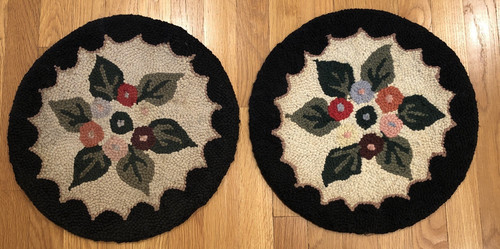 2 Vtg Cape Guild Cotton Hand Hooked Rug Chair Seat Cover Japan 15" Black Floral