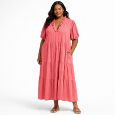 CROWN & IVY Coral Tiered Midi Dress Ruffle Neck Short Sleeve 4X