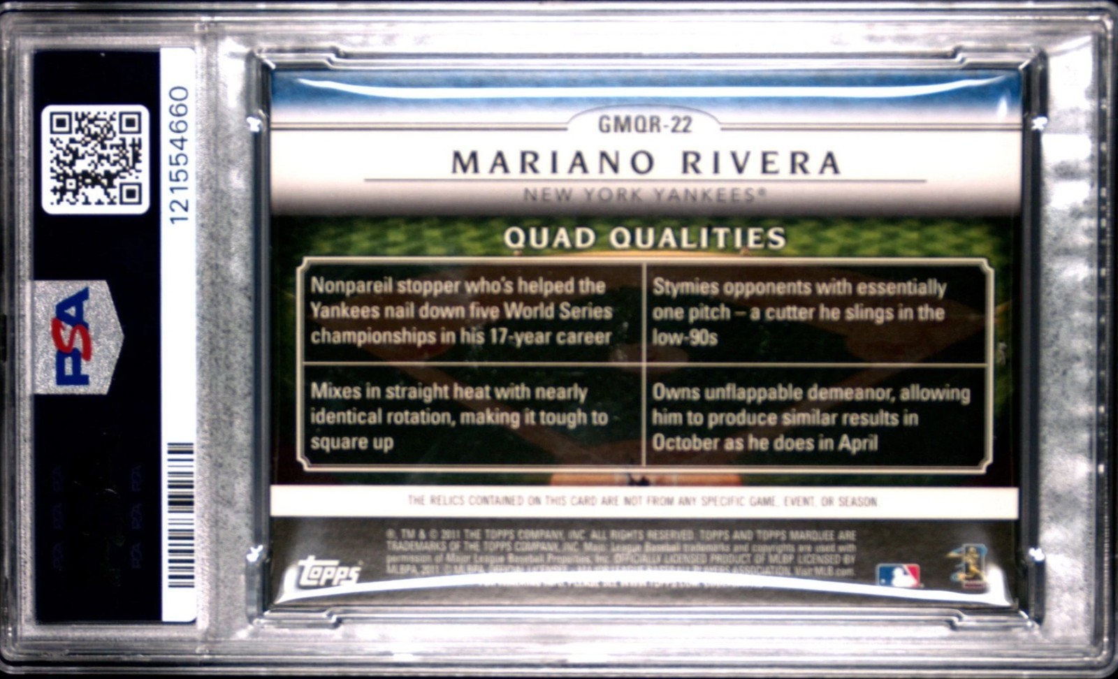 2011 MARIANO RIVERA PSA 8 TOPPS MARQUEE GAMETIME MEMENTOS QUAD RELICS #'d /199  view 2