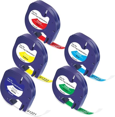 PHOMEMO 5x kompatibles Dymo Letra Tag Etikettenband 91221-91225 LT-100H XR Plastic 12mm