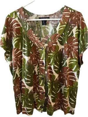 Tahari Women s 100% Limen Brown And Green Floral Blouse with Buttons Size Large