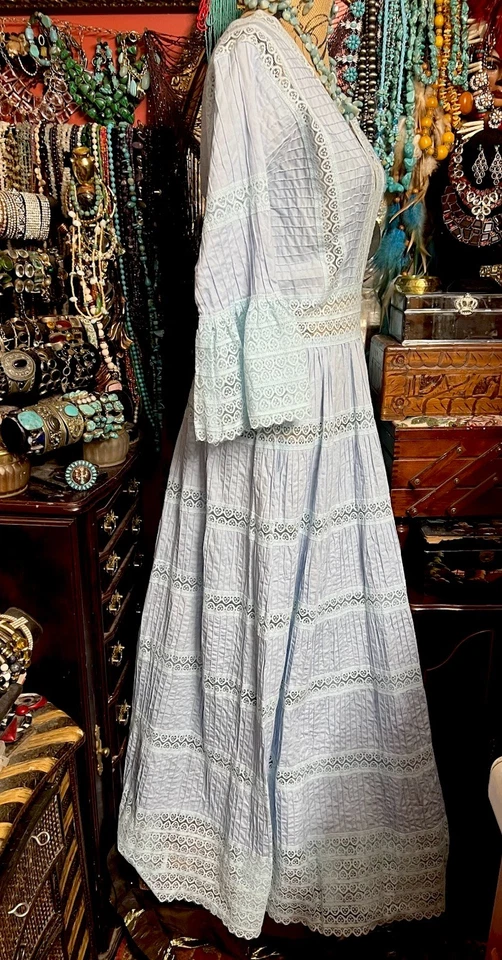 G2U IMPRESIONANTE VESTIDO DE COLECCIÓN MEXICANO OAXACA AZUL POLVO PENTUCK CROCHET ENCAJE MEDIANOLAR Foto 3 de 4