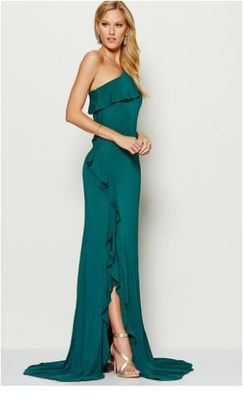 David Meister One-Shoulder Ruffle-Trim Jersey Gown, Jade, Women's, 14 David Meister One-Shoulder Ruffle-Trim Jersey Gown, Jade, Women's, 14