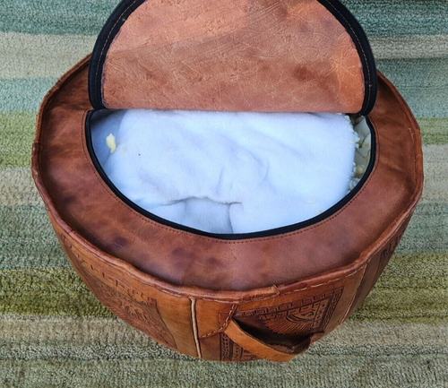 Leather Peruvian Embossed Ottoman Cover Hippie Drum Stool Large 20" Incan Patter - Picture 10 of 11