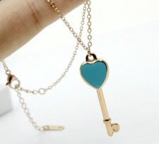 Chic Fashion Women Titanium Stainless Steel Blue Heart Key Love Necklace 16-18"