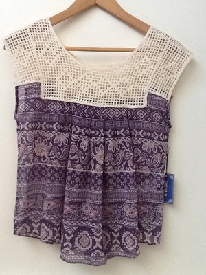 Forever 21 Purple Floral Aztec Print Peasant Crocheted Yoke Top
