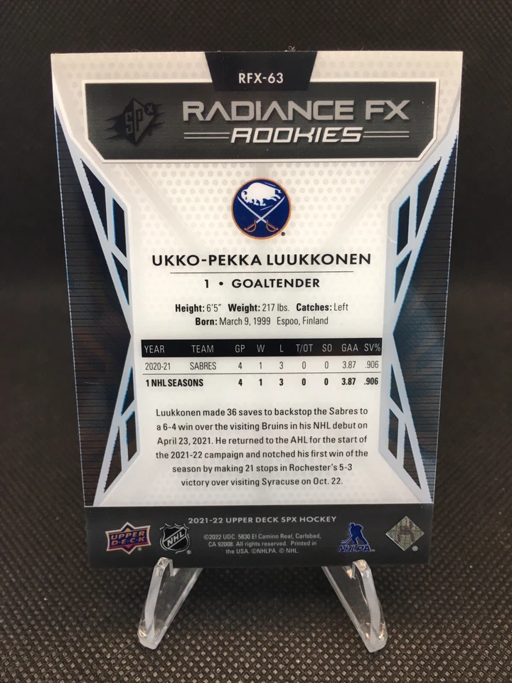Ukko-Pekka Luukkonen 2021-22 UD SPX Radiance FX RC Buffalo Sabres #RFX-63 - Image 2 of 2