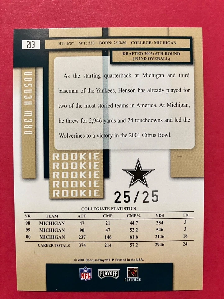 2004 Playoff Prestige Drew Henson Xtra Points Rookie 25/25 Michigan - Image 2 of 2