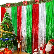 3 Pack 3.2x8.2ft Red Silver Green Christmas Foil Fringe Curtains Xmas Backdrop