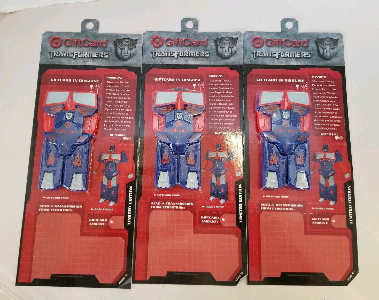 Set Of 3 (2007) Target Transformers Optimus Gift Card, Unused, Sealed W/ Hangtag