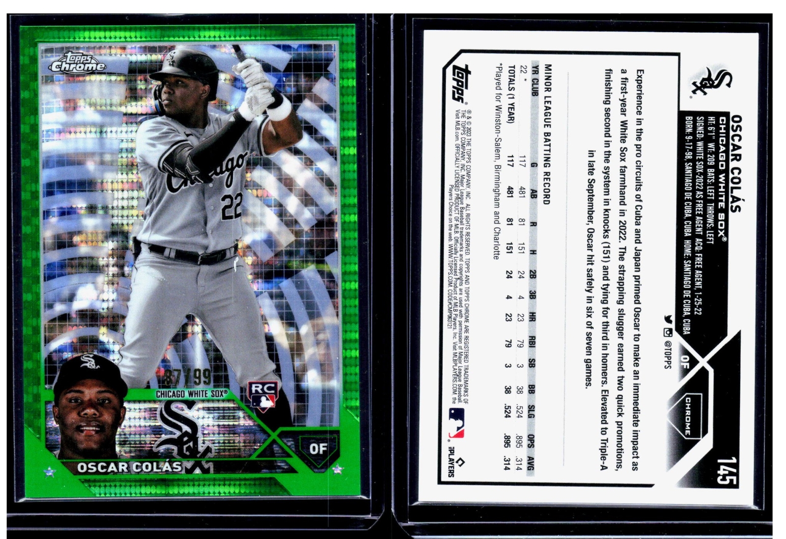 2023 TOPPS CHROME ROOKIE GREEN SONAR REFRACTOR OSCAR COLAS WHITE SOX 87/99 #145