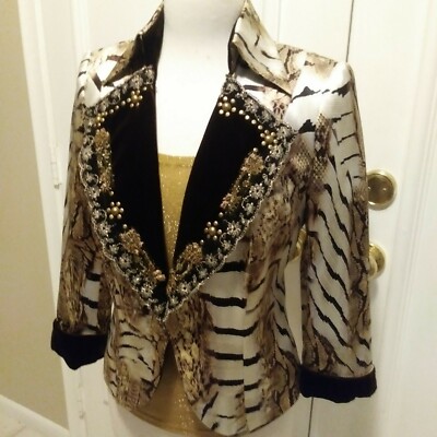 Vintage ROBERTO MAKALI silk animal print fitted evening jacket velvet trim sz S