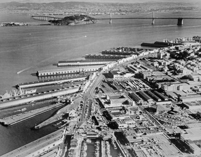 An aerial view of a section called Embarcadero where cities of deep- Old Photo