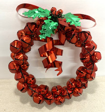 Jingle Bells 8  Christmas Wreath Holly Leaves Red Gold Door Wall Decor Metal