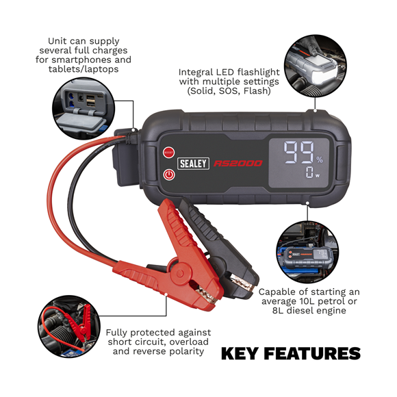 Sealey RoadStart 12V Jump Starter Power Pack 2000A Compact Lighweight Li-Ion - Image 7