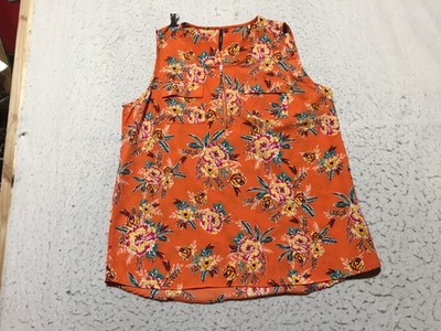 Cathy Tank Blouse Womens XL Orange Floral Scoop Neck 1/4 Zip Pockets