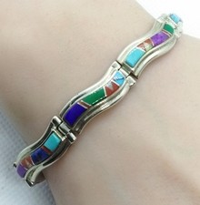 Orlando Spencer TSF Native American Sterling Silver Multi Stone Inlay Bracelet