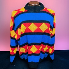 VINTAGE 80s Geometric Pullover Knit Sweater Size L Skater Indie Mock Neck