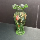 Fenton Hand Painted Beautiful Clear Green Vase With Flowers