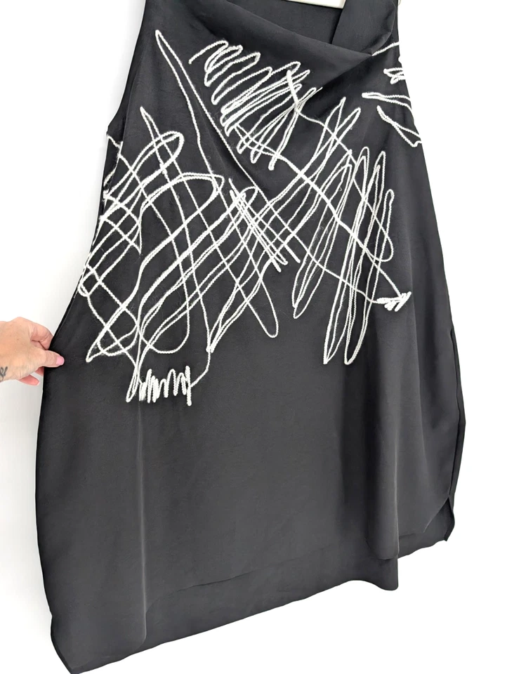 Vestido túnica Moyuru preto Avant Garde Lagenlook design de fio abstrato gola alta M - Imagem 4 de 4