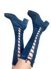 Vintage Rare 1960s Blue Suede Gladiator Side Laced Go Go Boots 8.5