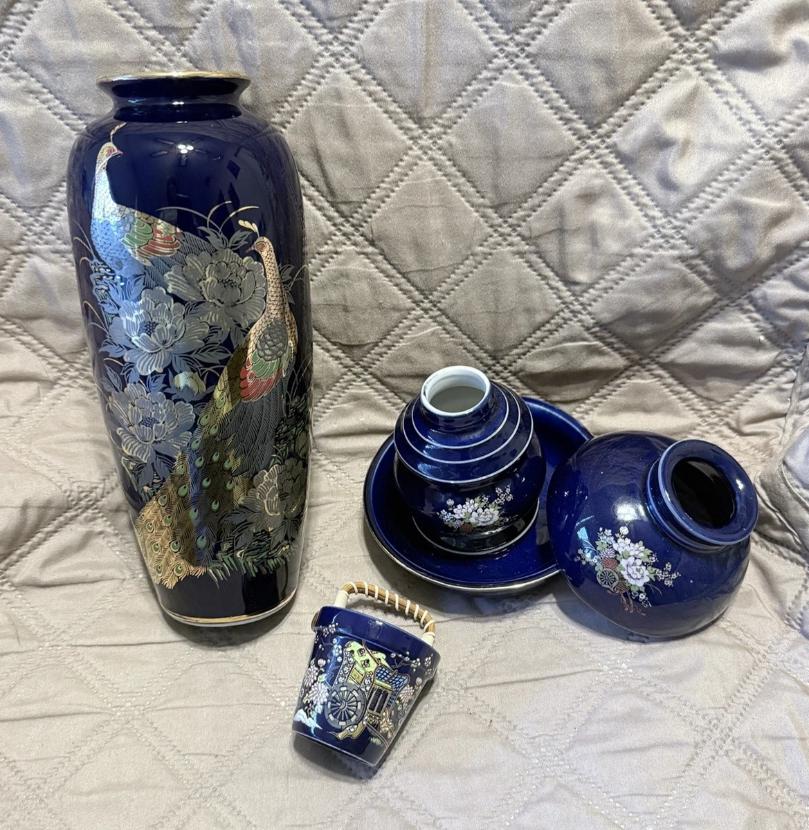 應接揃 西峰作 花瓶 花器 灰皿 孔雀深青色 應接揃 西峰作 花瓶 花器 灰皿 孔雀深青色 應接揃 西峰作