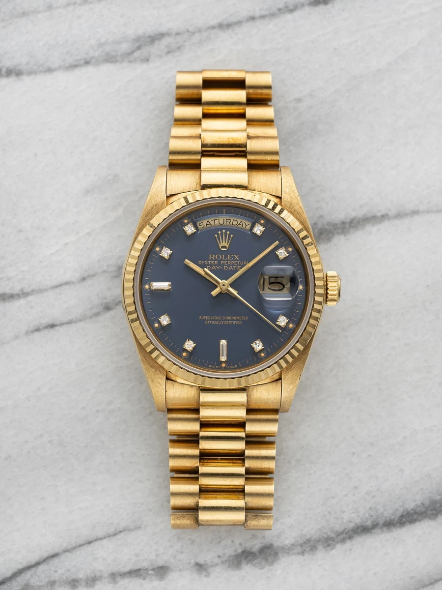 Vintage 1986 Rolex Day-Date 18038 18K YG Matte Blue Diamond Dial