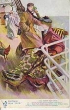 Colorful card "The First Day Out". Shows passengers on deck c1915