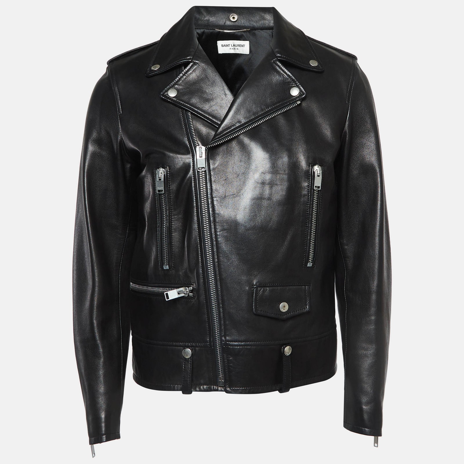 Giacca Cavaliere Saint Laurent Paris Pelle Nera Dettaglio Cerniera XL
