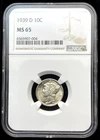 Terrrific Gem NGC MS65 1939-D US 10C MERCURY SILVER DIME "DENVER MINT"