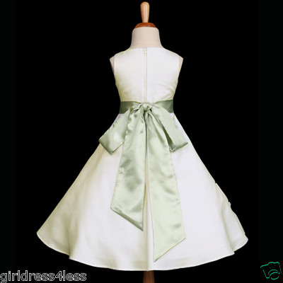 IVORY/SAGE GREEN SATIN A LINE FLOWER GIRL DRESS 12-18M 2 4/4T 6/6X 8 10 12  14 16 | eBay