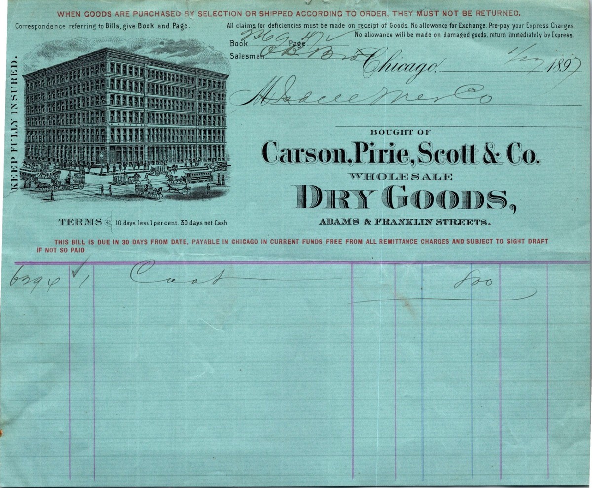 洋書 Carson Pirie Scott Carson Pirie & Scott Chicago IL 1897 Billhead Dey Goods | eBay