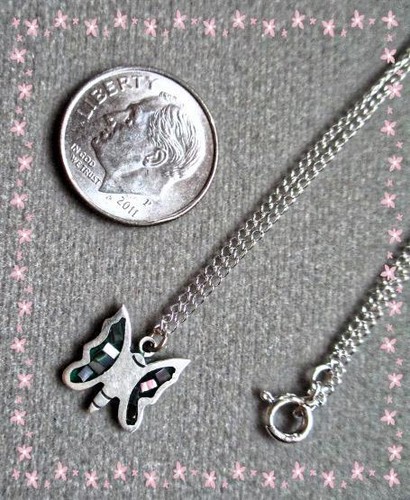 STERLING SILVER .925 Butterfly Abalone Shell - Enamel. 15" Silver Chain P162-SS - Picture 3 of 5